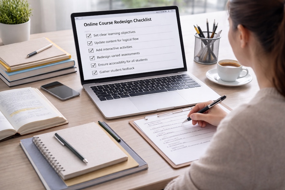 Educator reviewing an online course redesign checklist on a laptop at a clean desk